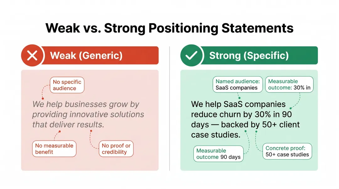 Weak versus strong brand positioning statement side-by-side comparison infographic
