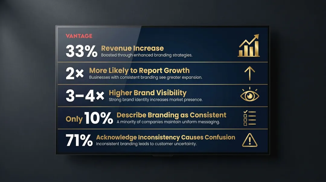 Brand consistency statistics showing revenue impact and visibility benefits infographic