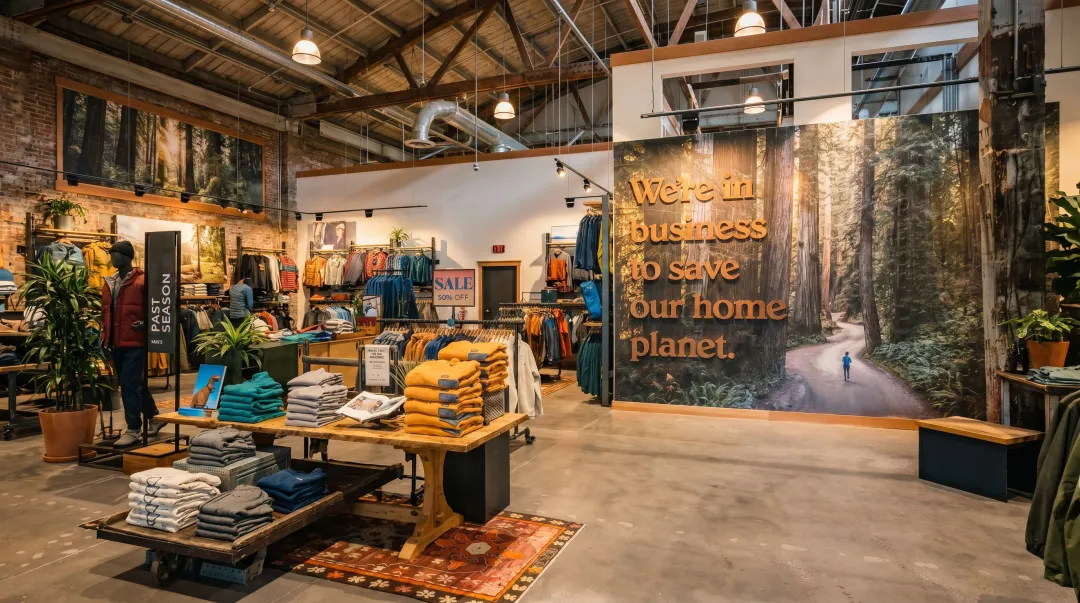 Patagonia outdoor brand store with earthy visual identity and eco-conscious messaging