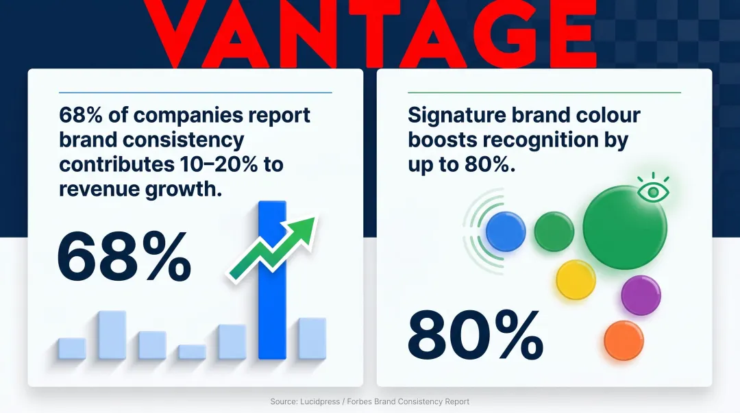 Brand consistency impact statistics showing revenue growth and colour recognition lift