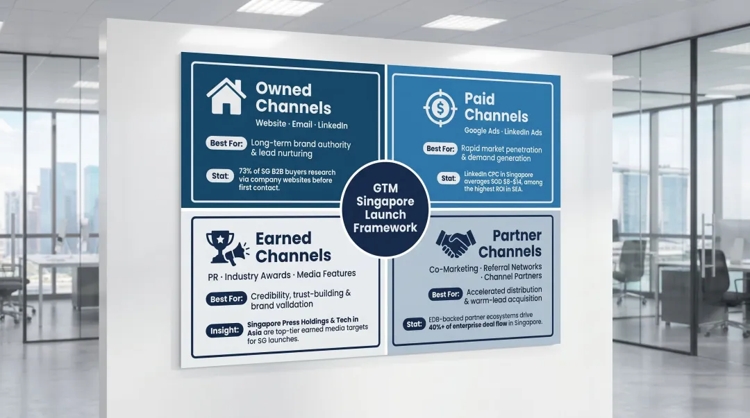 Four-channel GTM strategy framework owned paid earned partner Singapore context
