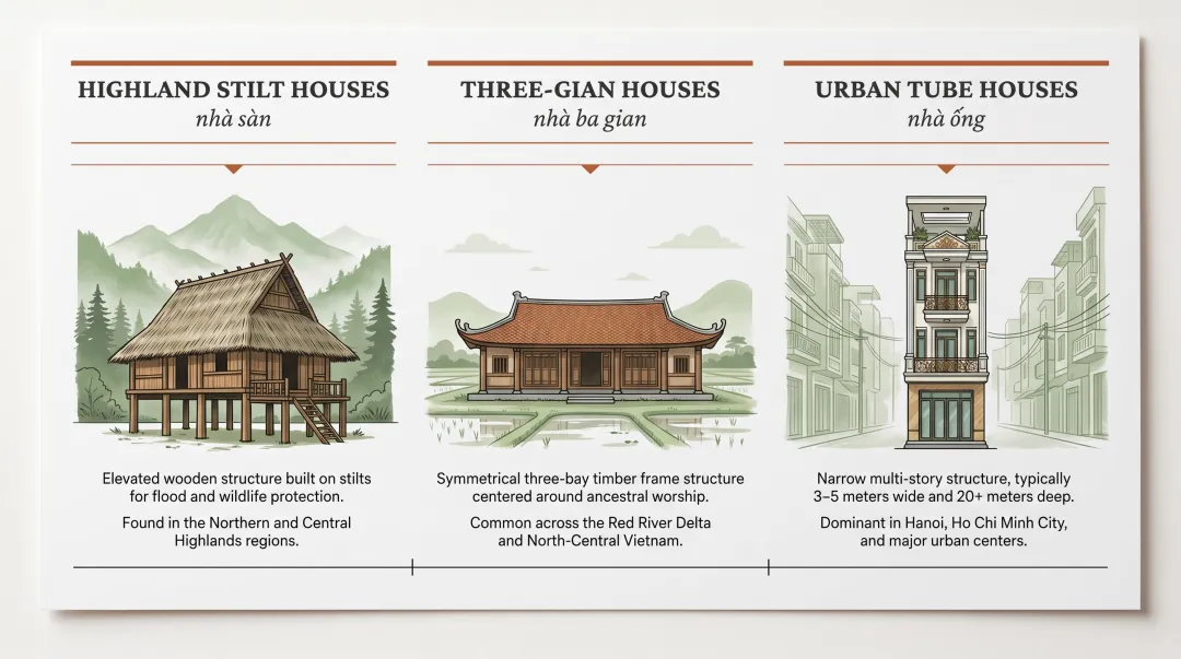 Three regional Vietnamese architectural housing types comparison infographic