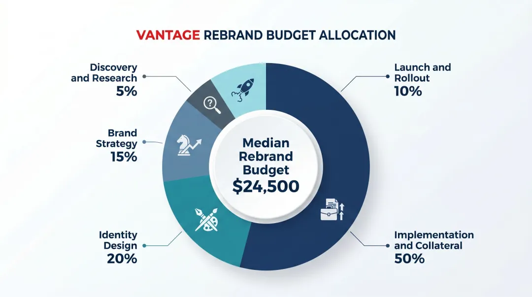 Rebrand budget allocation breakdown showing five spending categories by percentage