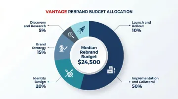 Rebrand budget allocation breakdown showing five spending categories by percentage