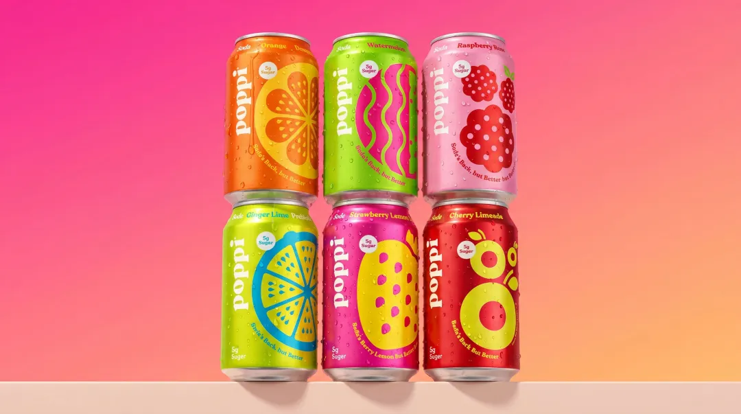 Poppi prebiotic soda vibrant cans showing successful rebrand visual identity transformation