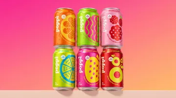 Poppi prebiotic soda vibrant cans showing successful rebrand visual identity transformation