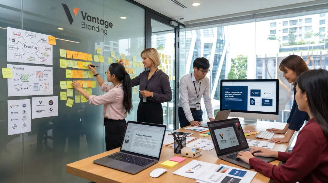 Vantage Branding Singapore team collaborating on brand strategy and identity project