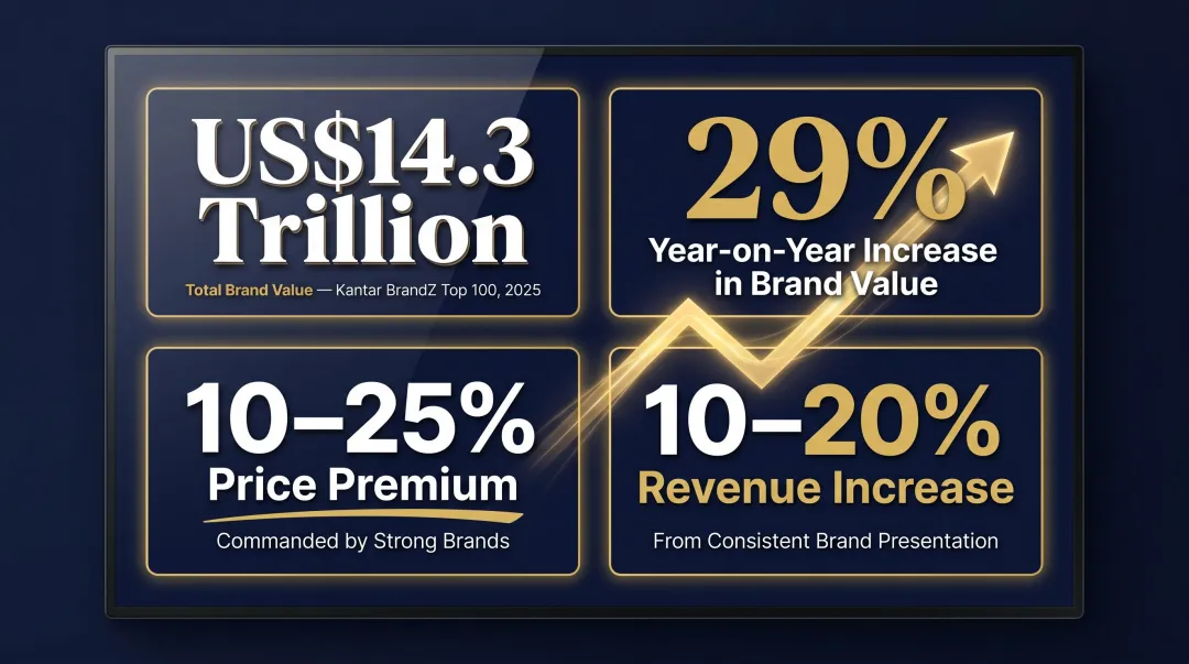 Brand equity financial impact statistics infographic with key data points and growth metrics