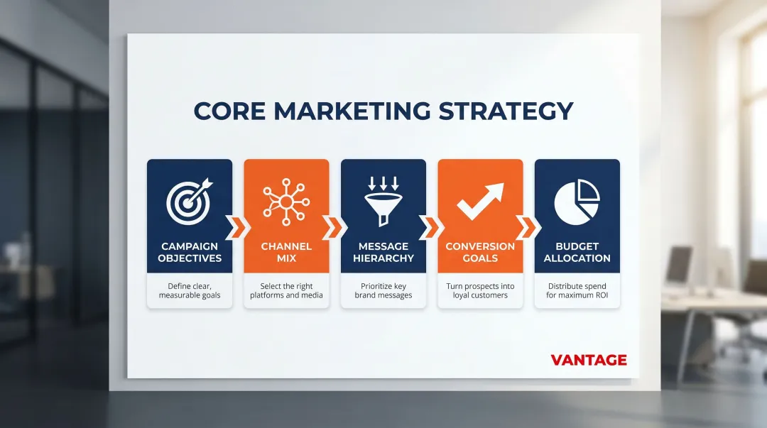 Five core marketing strategy components process diagram with icons and descriptions