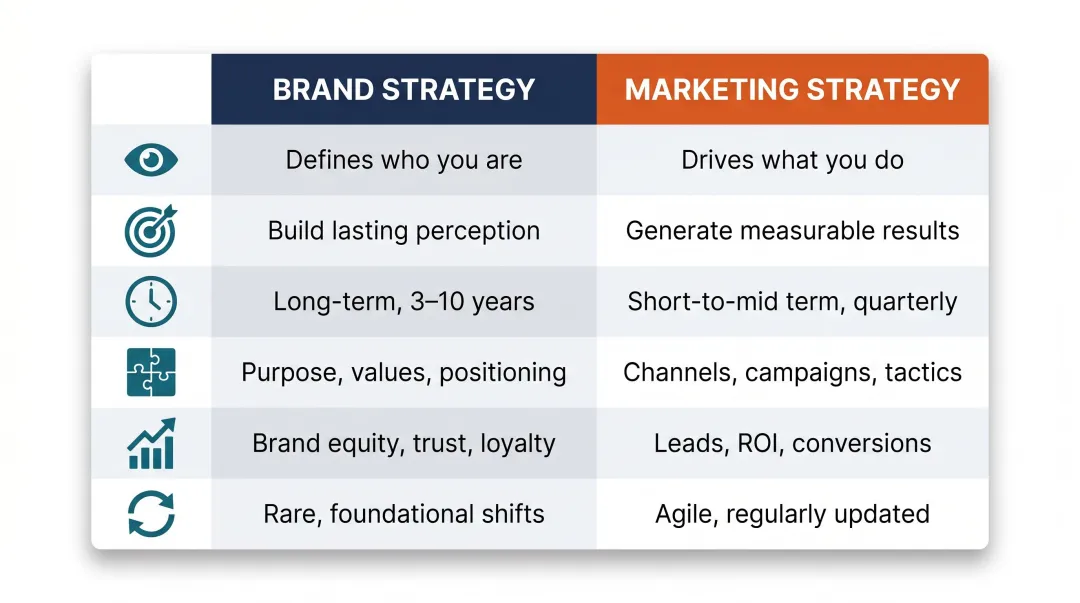 Brand strategy versus marketing strategy six-dimension side-by-side comparison chart