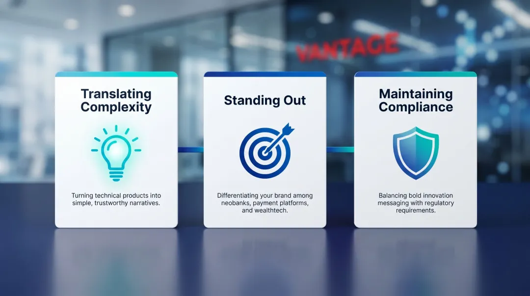Three core fintech branding challenges complexity trust and compliance infographic