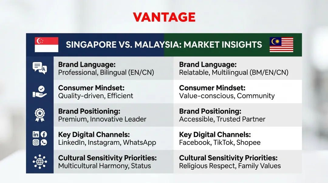 Singapore versus Malaysia branding comparison across five key dimensions infographic