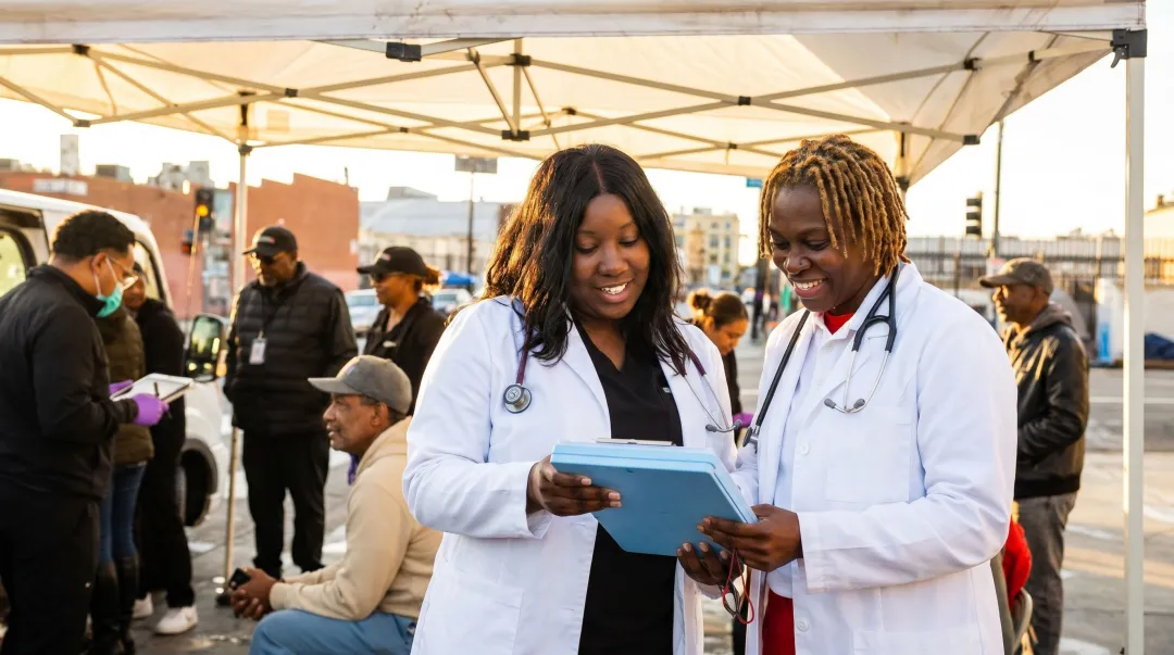 Hospital community outreach event with staff assisting elderly patients outdoors