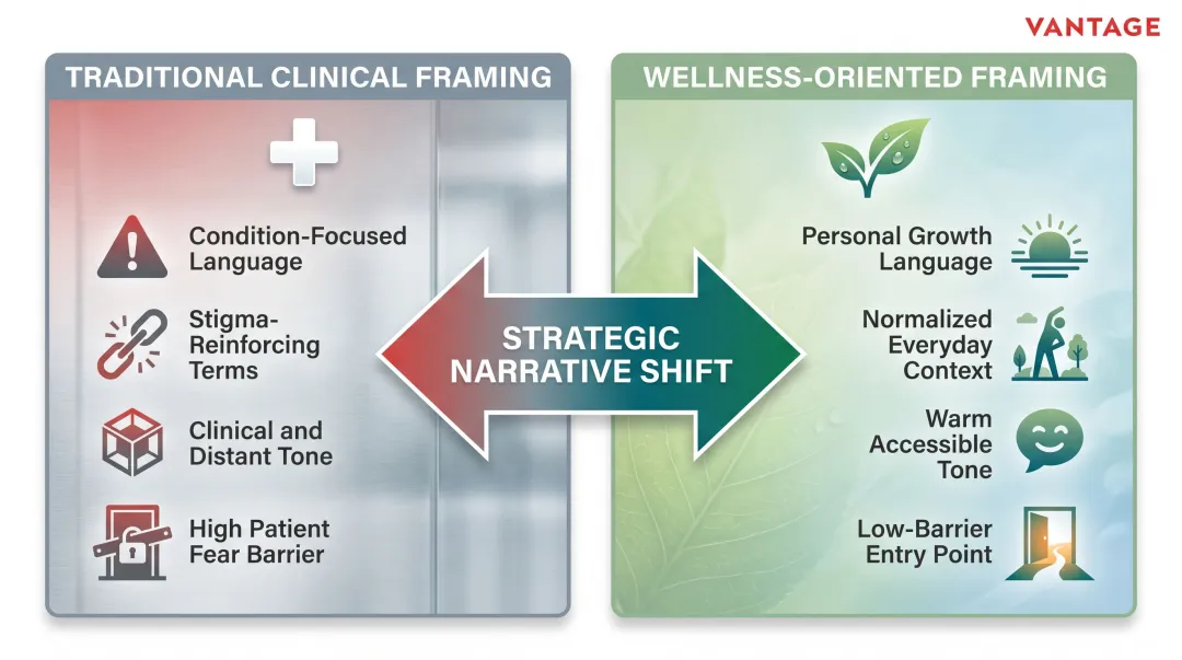 Mental health brand messaging shift from clinical stigma to wellness growth framing