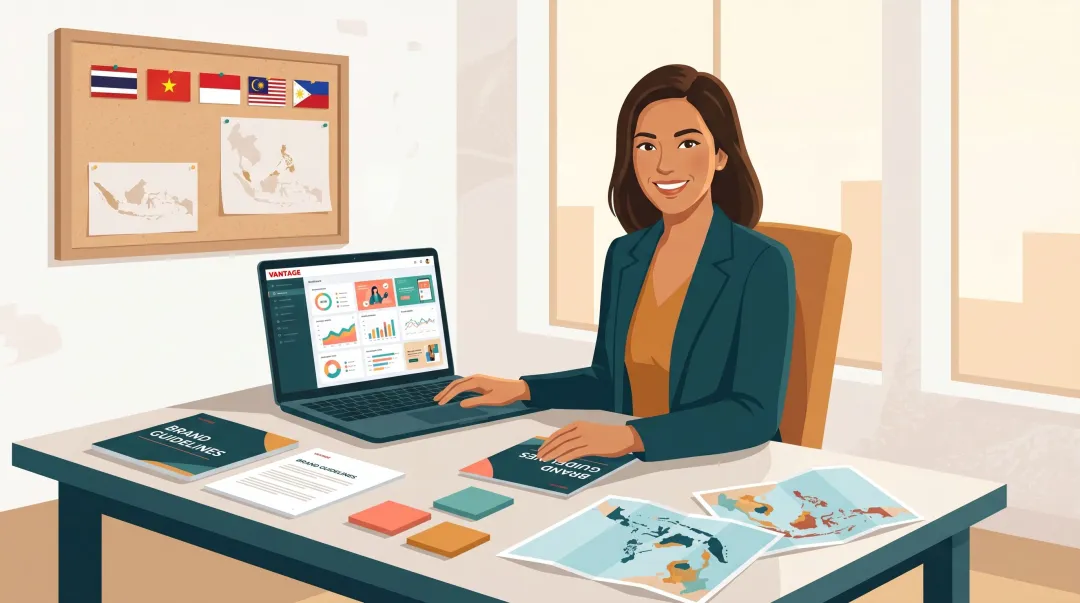Marketing professional building multi-market brand portfolio on laptop with regional campaign materials