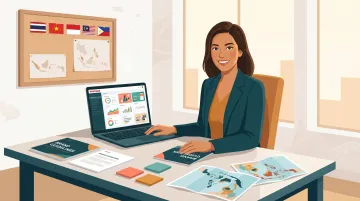 Marketing professional building multi-market brand portfolio on laptop with regional campaign materials