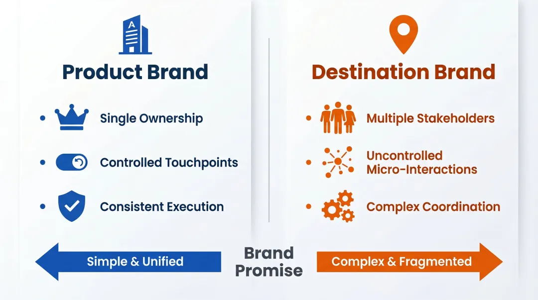 Destination brand versus product brand key control and ownership differences comparison