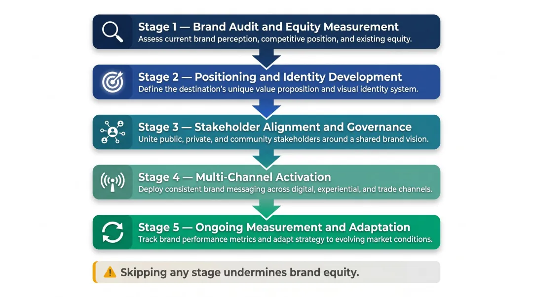 Five-stage destination brand strategy sequence from audit to ongoing measurement and adaptation