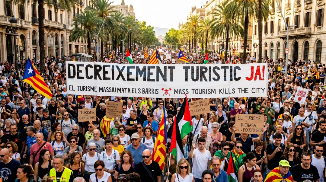 Barcelona anti-tourism protest crowd demonstrating overtourism impact on local residents