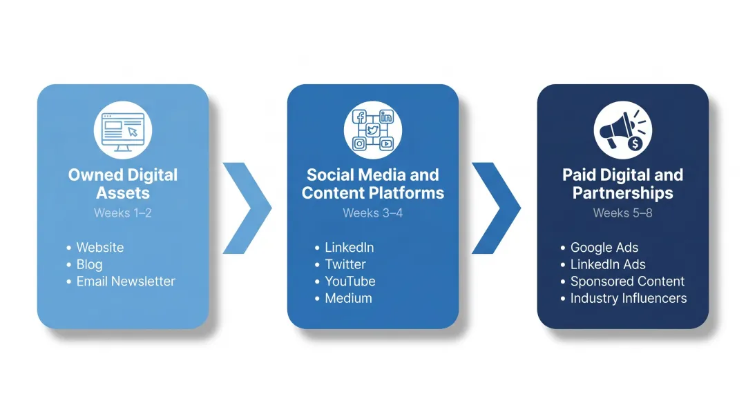 Three-phase post-merger digital brand rollout timeline across owned paid and earned channels