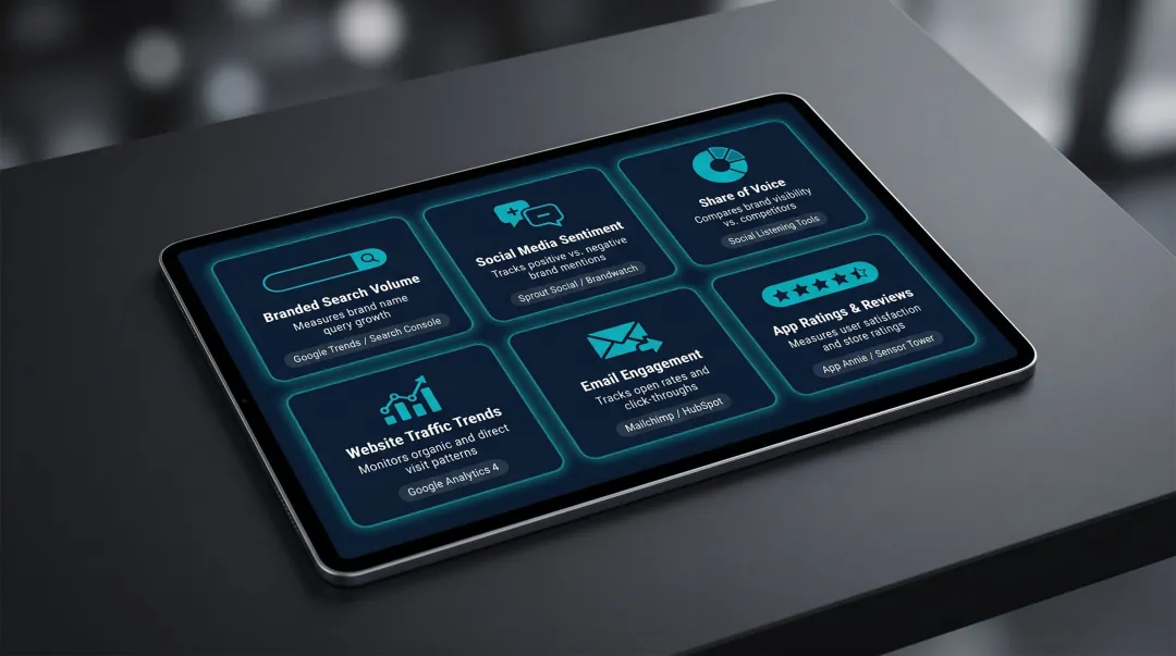 Post-merger digital brand health metrics dashboard showing six key tracking indicators