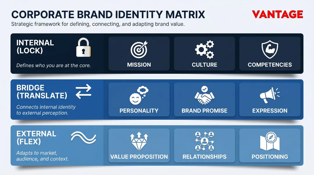 Corporate Brand Identity Matrix three-layer lock versus flex framework diagram