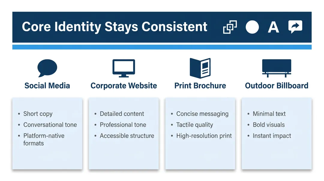 Multi-channel brand expression adaptation across social media website print and billboard formats