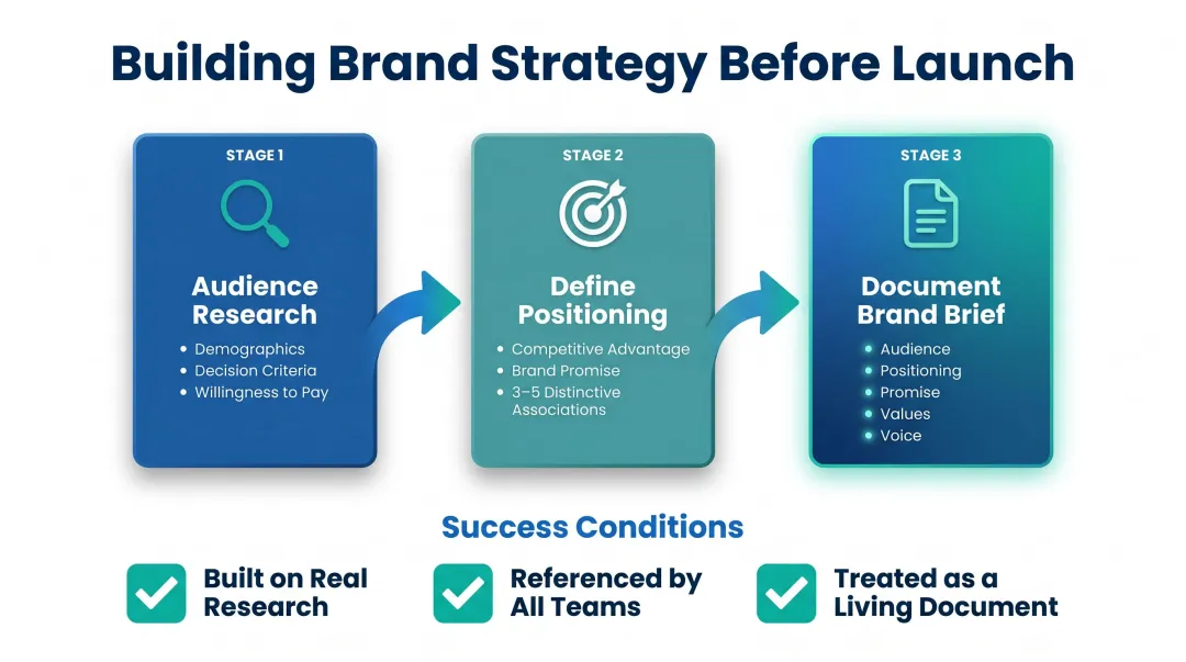 Three-step pre-launch brand strategy development process flow diagram