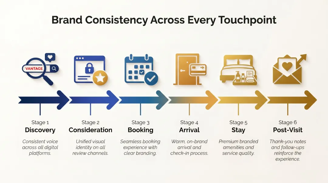 Six-stage hospitality guest journey from discovery to post-visit loyalty