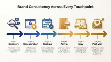 Six-stage hospitality guest journey from discovery to post-visit loyalty