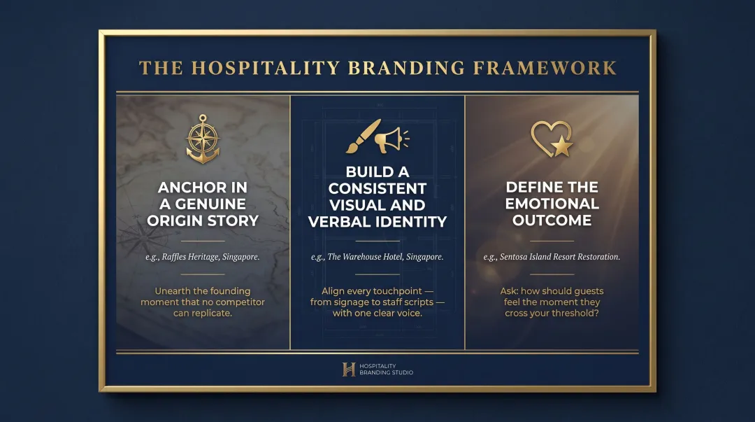 Three core hospitality branding pillars origin story identity and emotional outcome framework