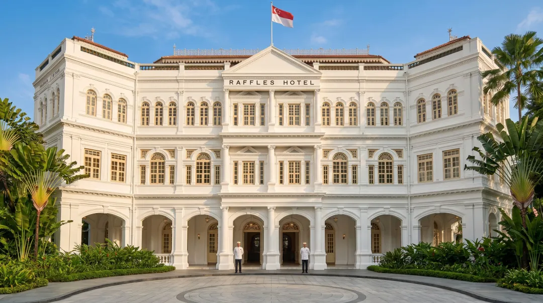 Raffles Hotel Singapore colonial facade with uniformed doormen and palm trees