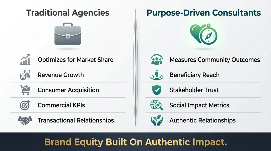 Traditional branding versus purpose-driven consulting key differences comparison infographic