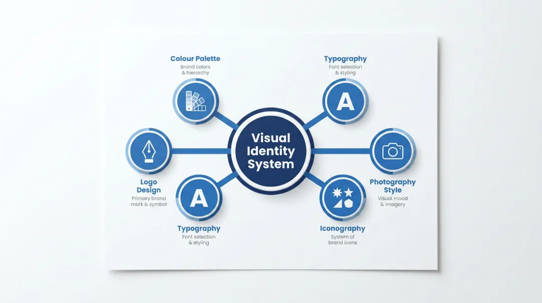 Five core components of education brand visual identity system diagram
