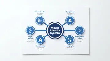 Five core components of education brand visual identity system diagram