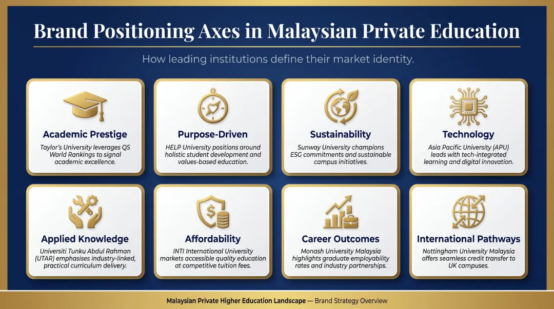 Eight Malaysian private university brand positioning strategies comparison chart
