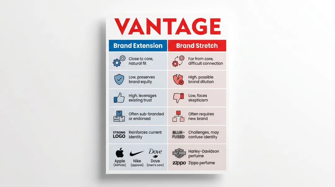 Brand extension versus brand stretch six-dimension side-by-side comparison chart