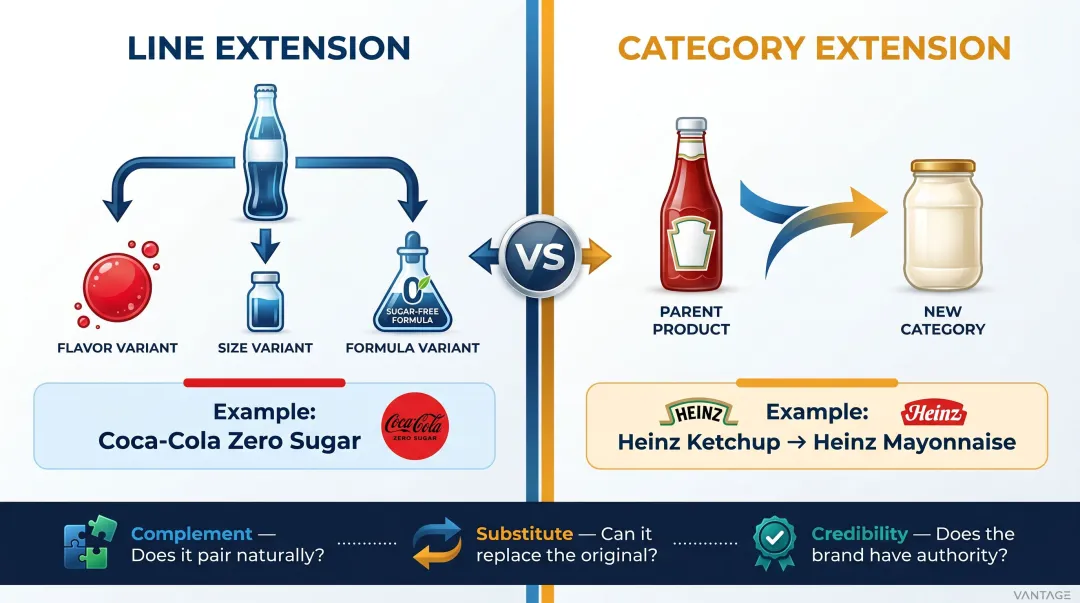 Two types of brand extension line extension versus category extension diagram