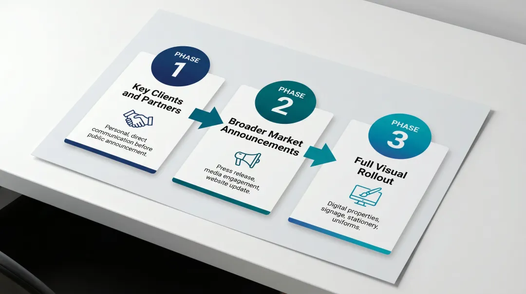 Three-phase post-merger external brand rollout communication sequence infographic