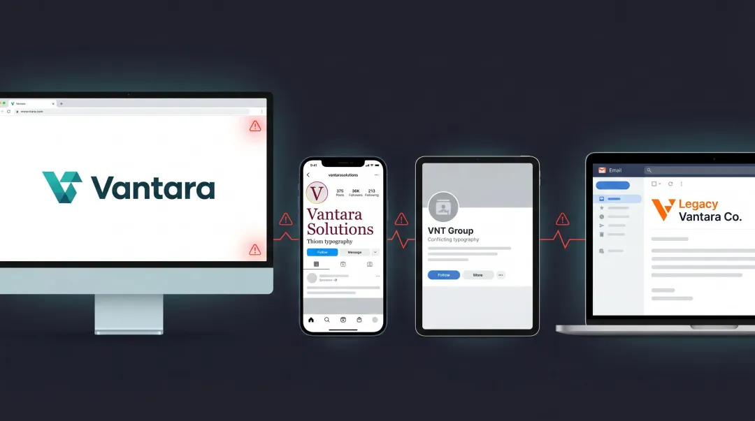 Fragmented multi-screen digital brand experience showing inconsistent logos and messaging across platforms