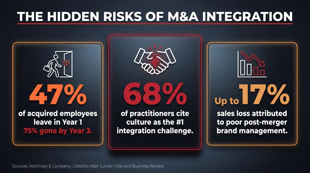 Three critical post-merger integration failure statistics infographic showing employee and sales impact