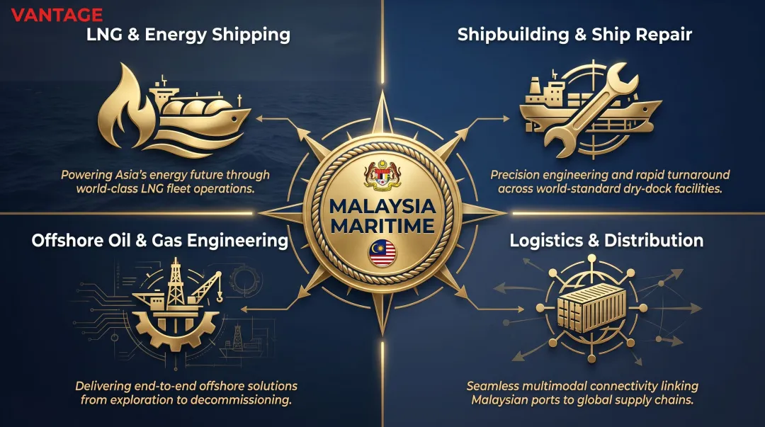 Four Malaysian maritime sub-sectors with brand positioning needs infographic