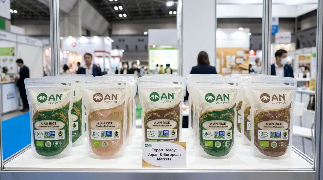 A An Vietnamese rice brand packaging displayed with export certifications and international distribution partners