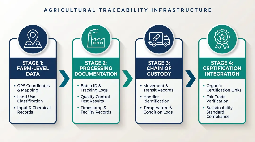 Agricultural supply chain traceability system four-step process flow diagram
