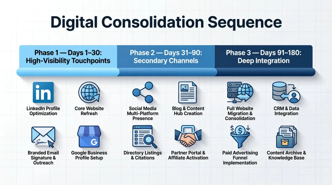Three-phase post-merger digital touchpoint consolidation timeline from day one to 180
