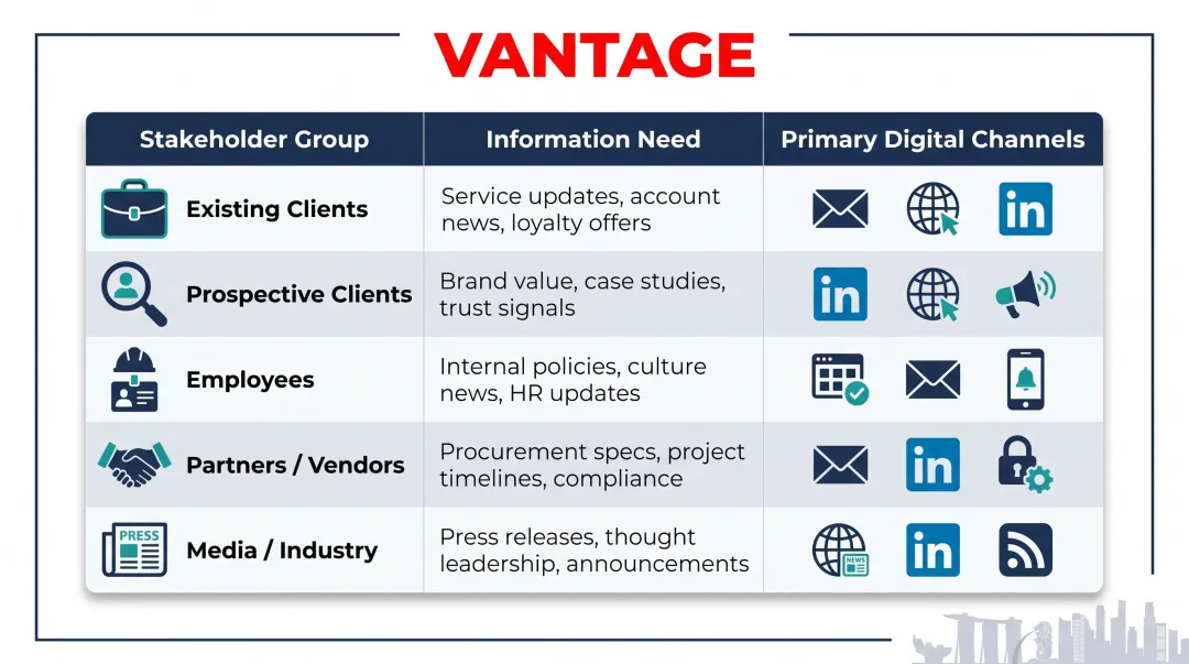 Post-merger stakeholder communication matrix mapping groups channels and information needs