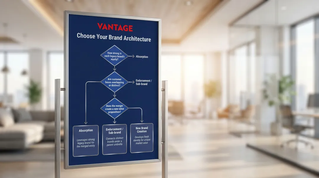Post-merger brand architecture decision framework three-question flowchart for Singapore businesses