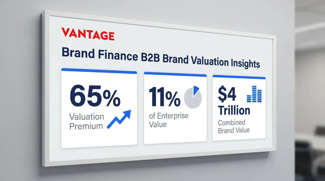 Three B2B brand valuation statistics showing 65 percent premium and 4 trillion value