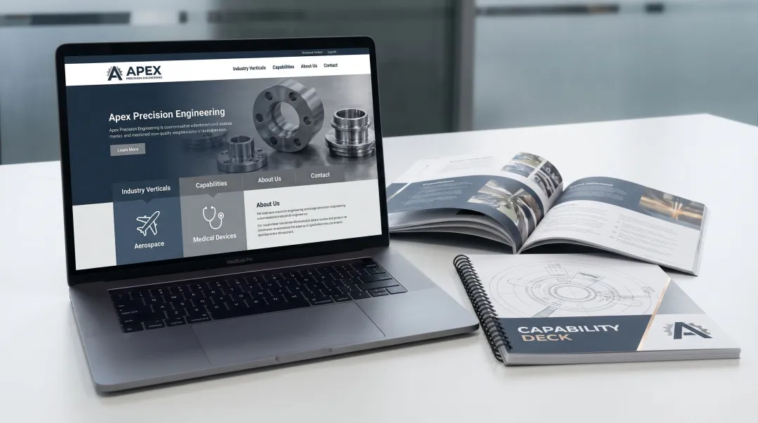 Precision engineering firm brand identity showcasing website redesign and capability materials