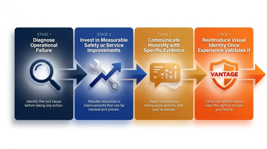 Four-stage transport brand crisis recovery sequence from diagnosis to visual identity relaunch